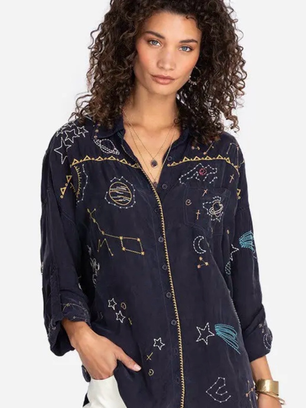 Johnny Was Stargazing Button Down Celestial Embroidered Top Size XL